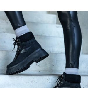 Czarne traperki na grubej podeszwie z futerkiem Best - Solea