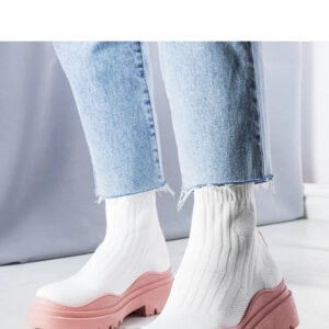 Białe skarpetkowe botki z różową podeszwą Cali - Solea