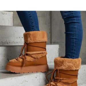 Brązowe ocieplane śniegowce sznurowane zdobione futerkiem Istiss - Solea