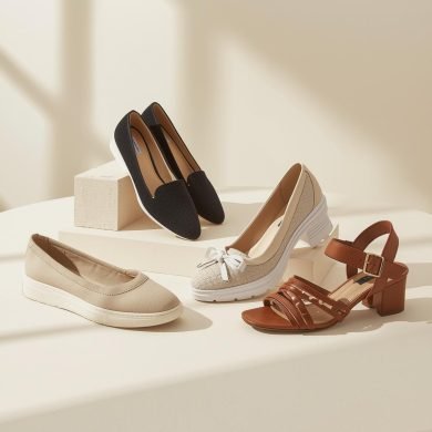 Kompozycja damskich butów z różnych kategorii oraz akcesoria do pielęgnacji na jasnym tle”