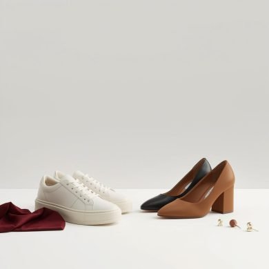 Dwie pary damskich butów na jasnym tle: minimalistyczne sneakersy i czółenka na słupku – trendy 2026”