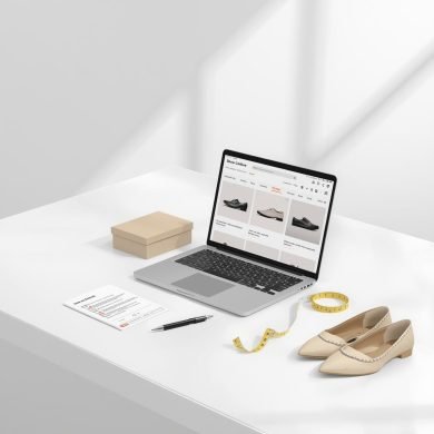 Minimalistyczna grafika z laptopem, checklistą i akcesoriami do mierzenia stopy – zakupy butów online”